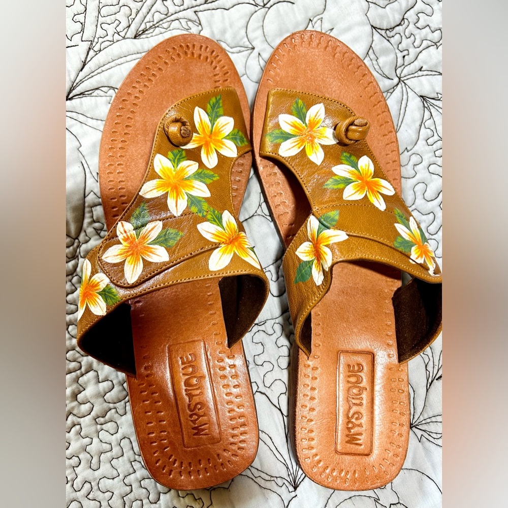 Brown Floral Leather Slide Sandals with Hand-Painted Flowers